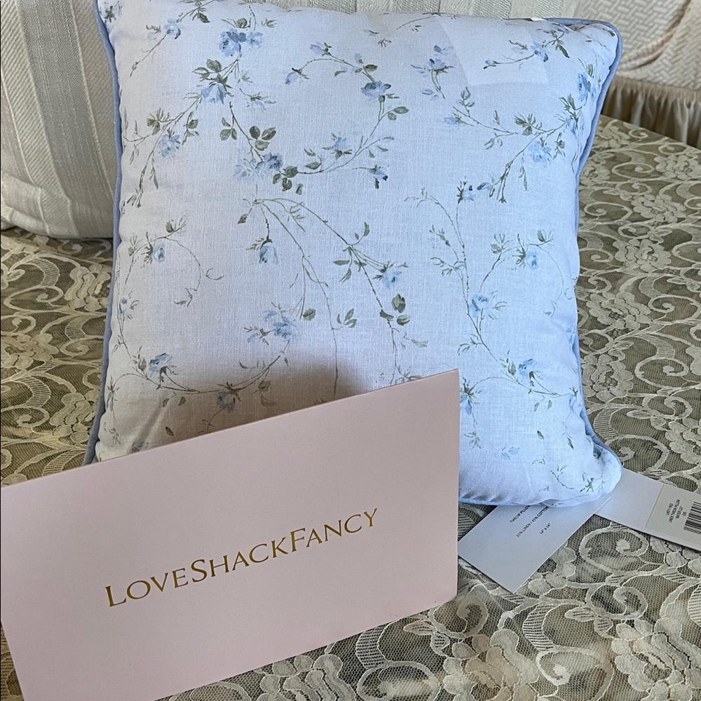 LoveShackFancy Pale Blue Floral Throw Pillow with Green Accents (Water Lily)